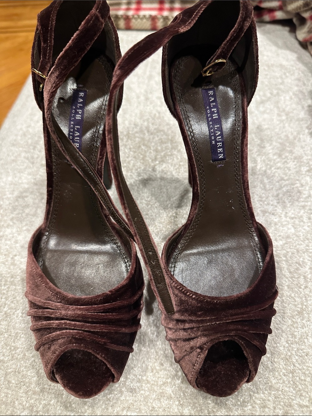Ralph Lauren Brown Velvet Peep-Toe Ankle Strap Heels
